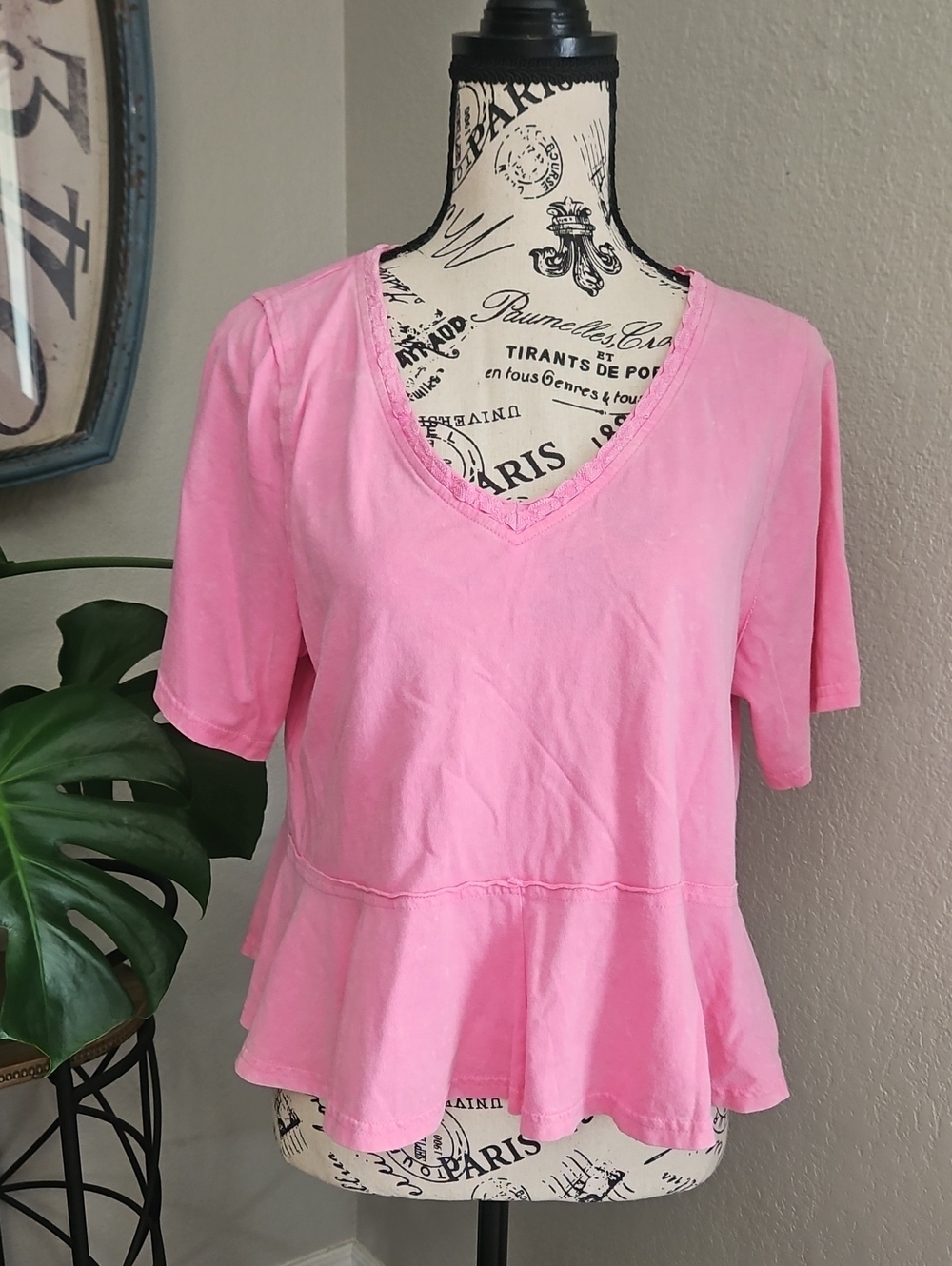 Pink V-Neck Peplum T Shirt Top Size Medium